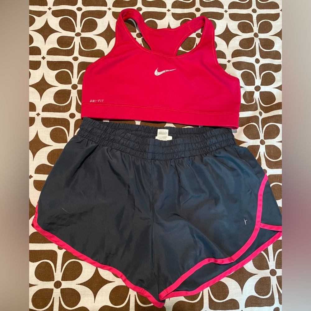 Cute Workout outfit!Hot Pink Nike sports bra. Pink and grey danskin shorts.